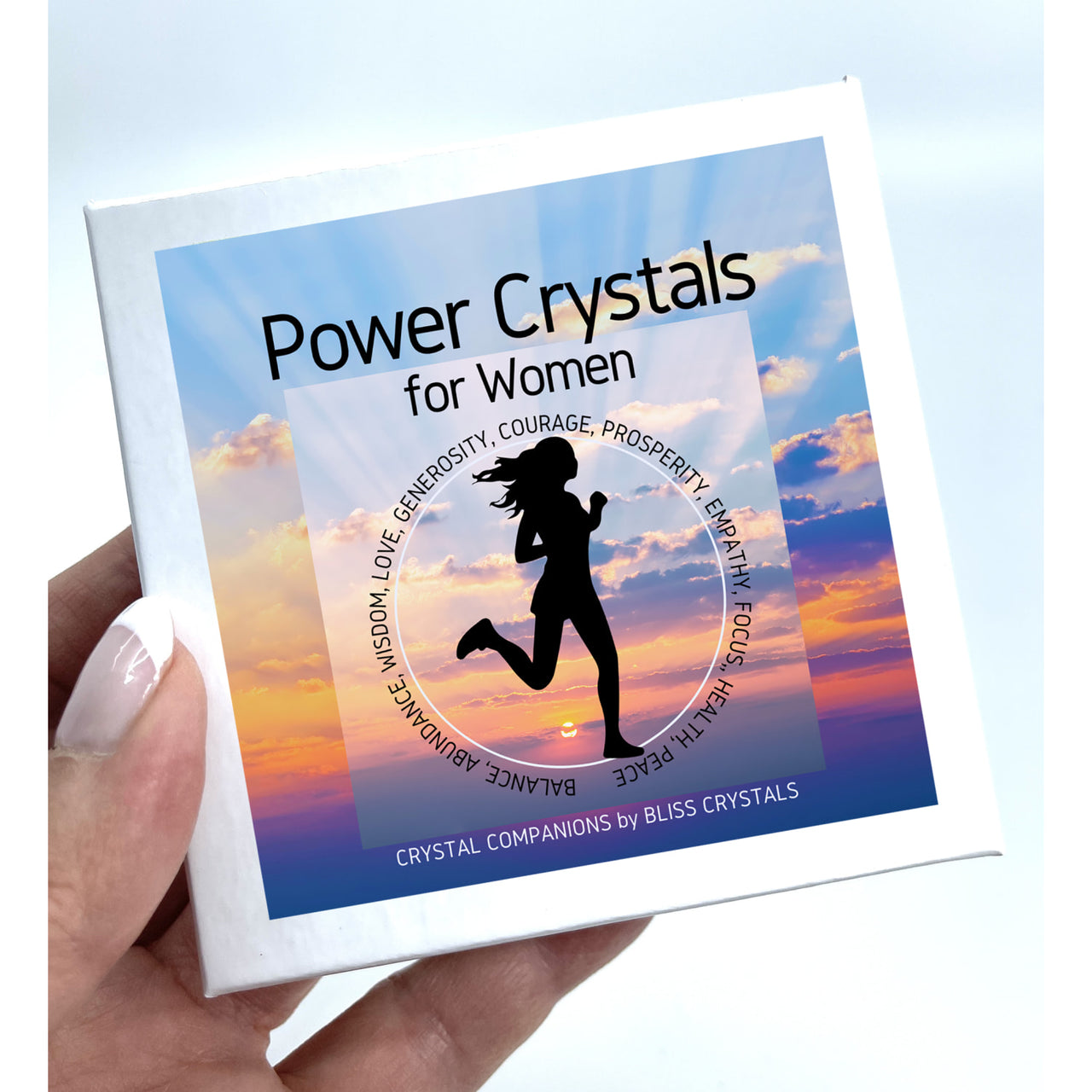 Person holding a card ’over the top’ with Power Crystals for Women Set of 8 Tumbled Stones #K208