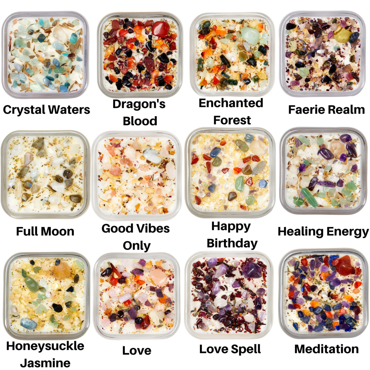 A variety of colored crystals featured in Prosperity: Crystals & Herb Energy Candles 7.5oz Soy