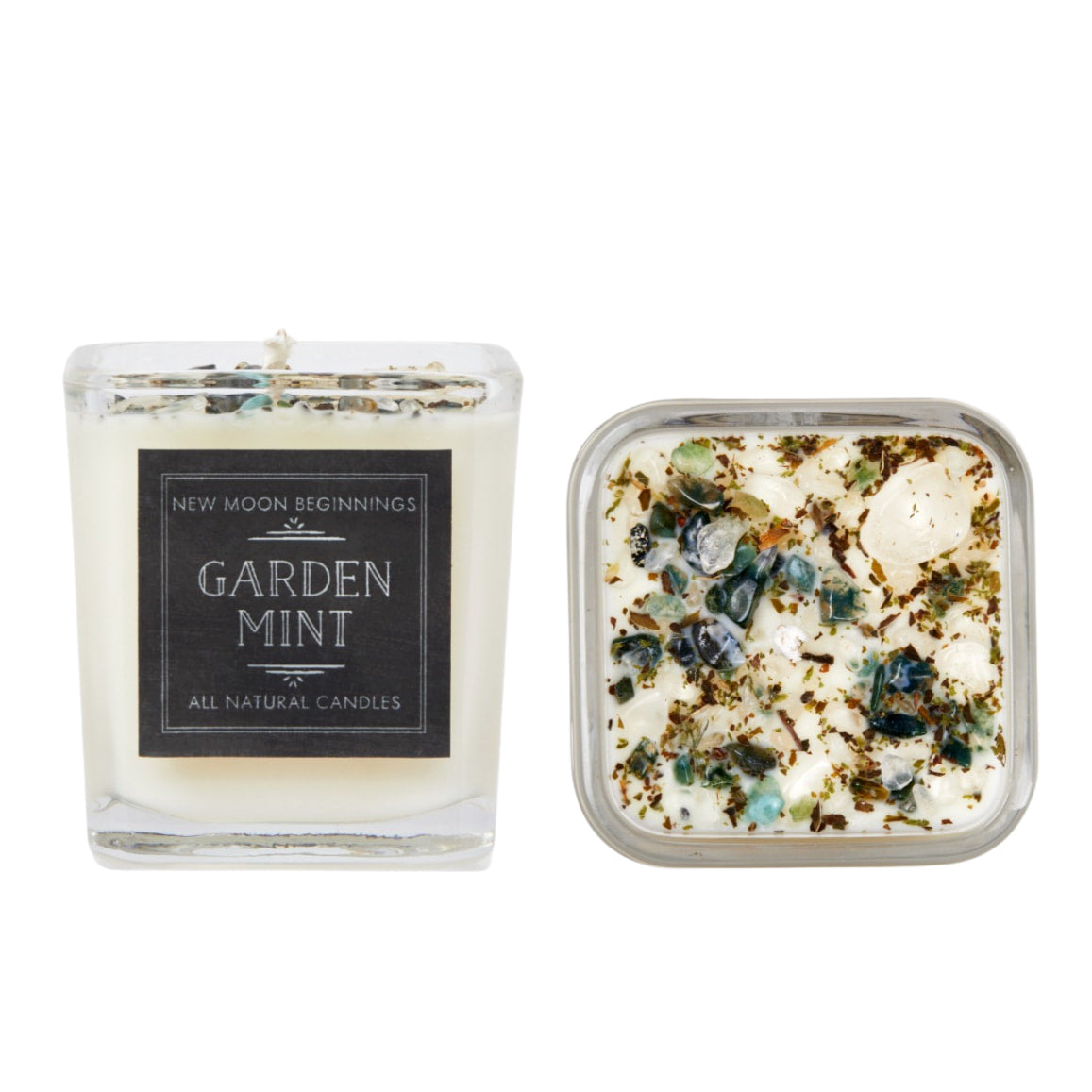 A small glass candle with white and green scent, ’Prosperity: Crystals & Herb Energy Candles’