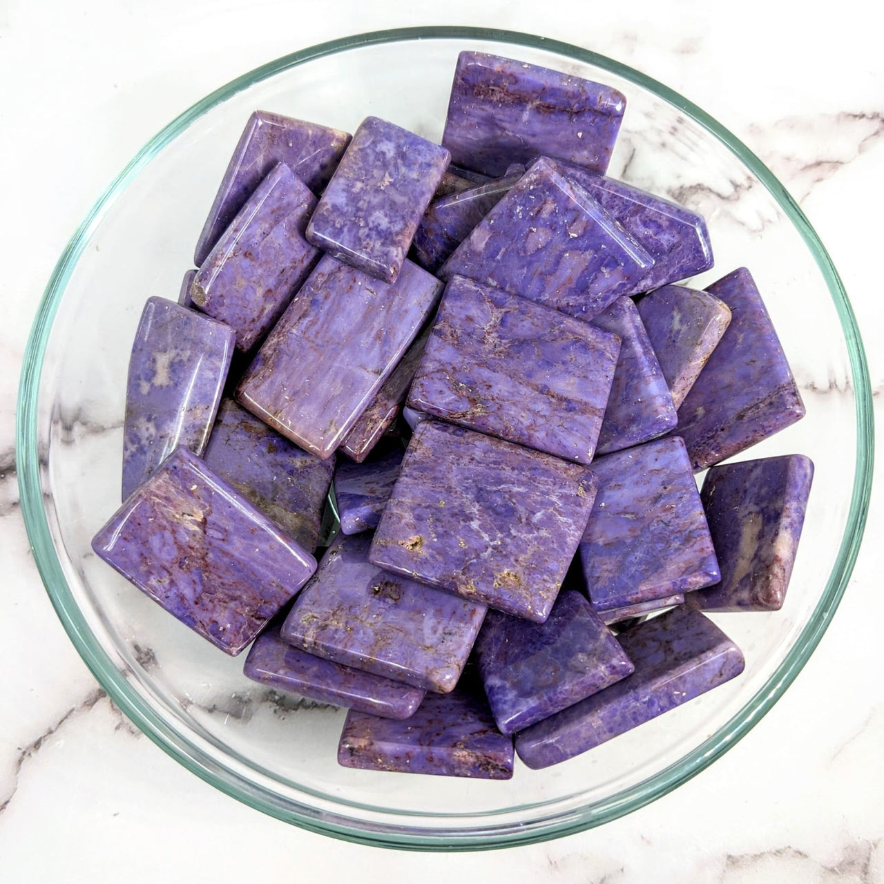 A bowl of Purple Jade Grade AA flat marble blocks polished slices #LV2021