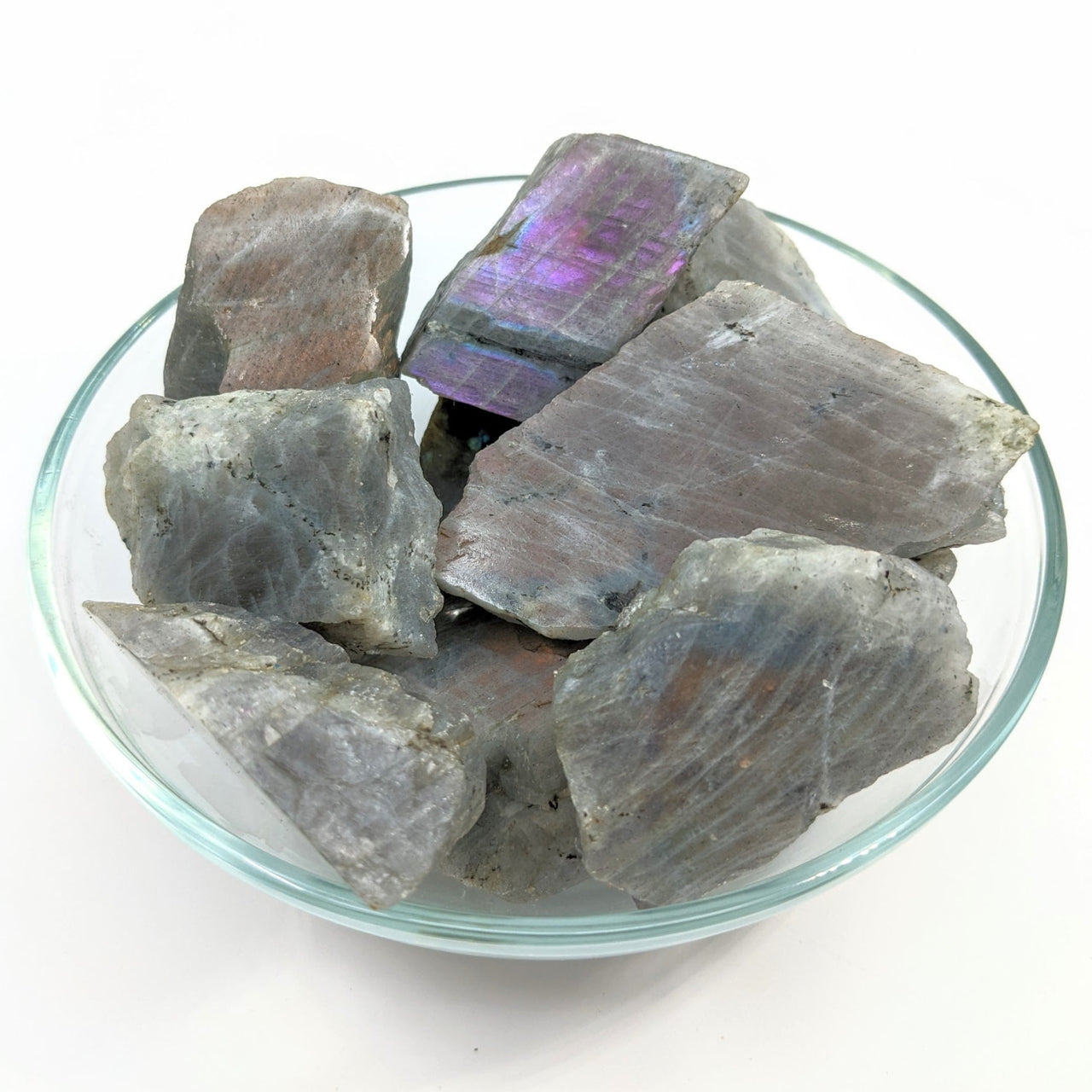 Purple Labradorite Half Polished, Half Rough Stone #SK8963 in a bowl filled with crystals