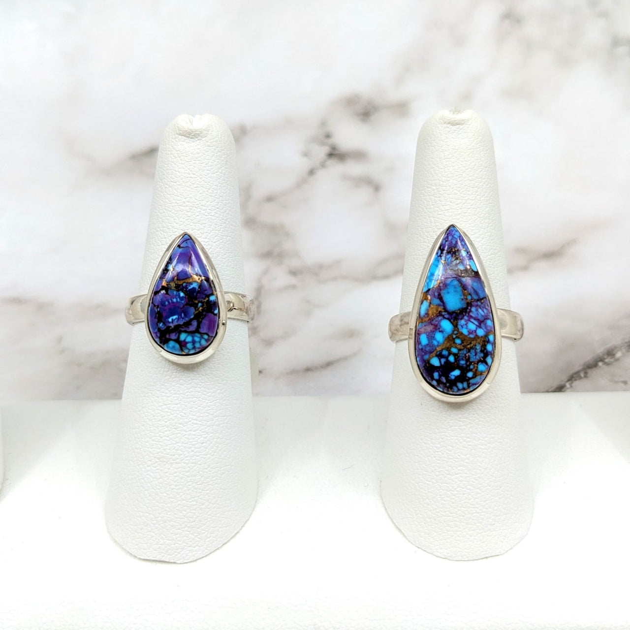 Two rings with blue and purple stones - Purple Mojave Turquoise Teardrop Ring #LV4606