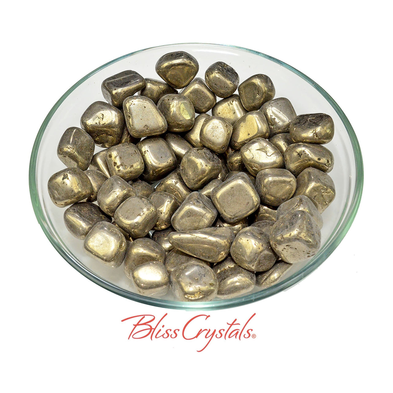 Bowl of PYRITE tumbled stones from Spain #PS90 on white background, also known as Fools Gold