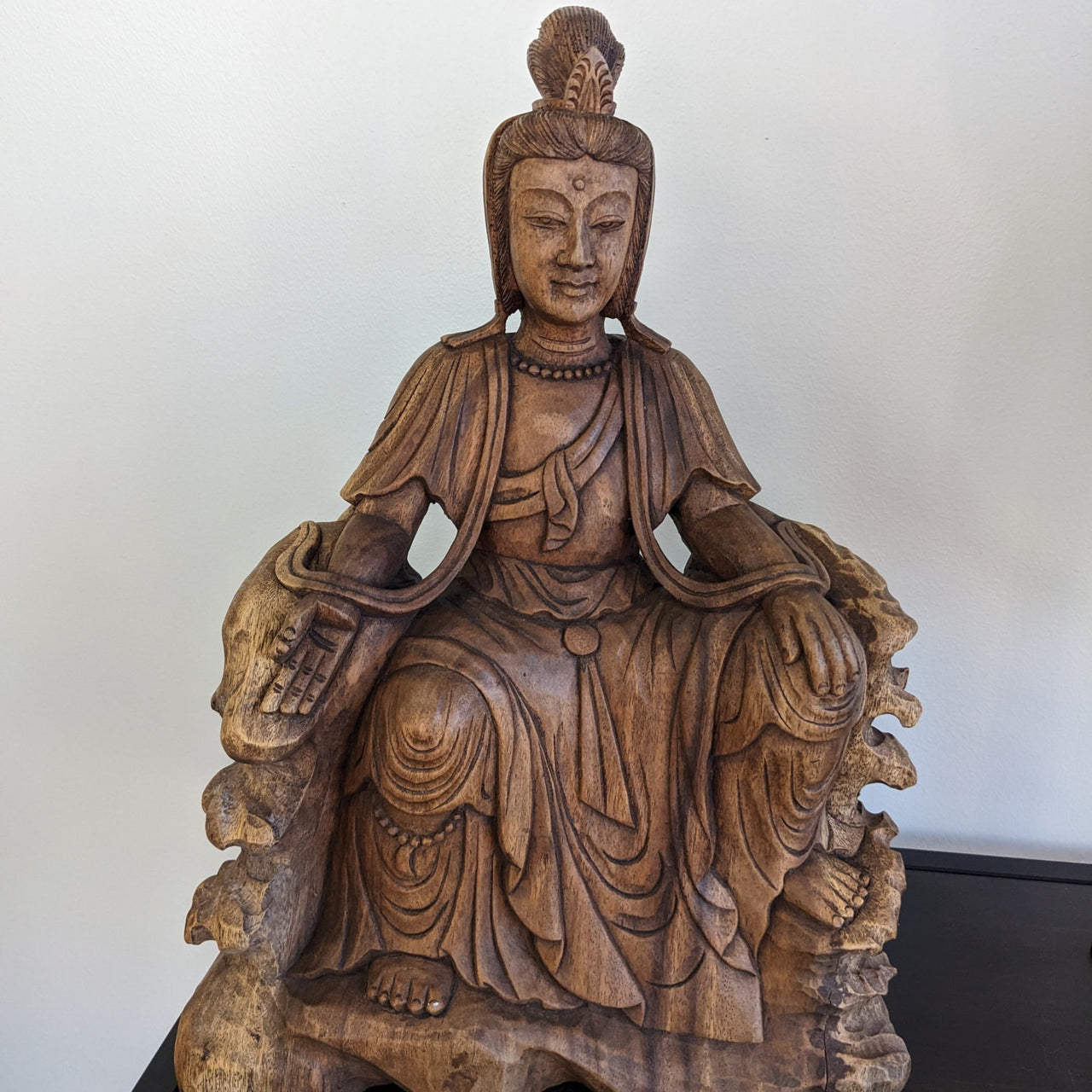 Large wooden statue of a seated Buddha in Quan Yin 16.5’ Wood Carving #LV5479