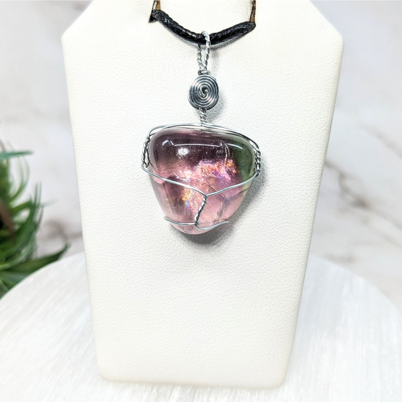 Pink and black glass heart pendant, Rainbow Fluorite 22mm Wire Wrapped Pendant #JC04