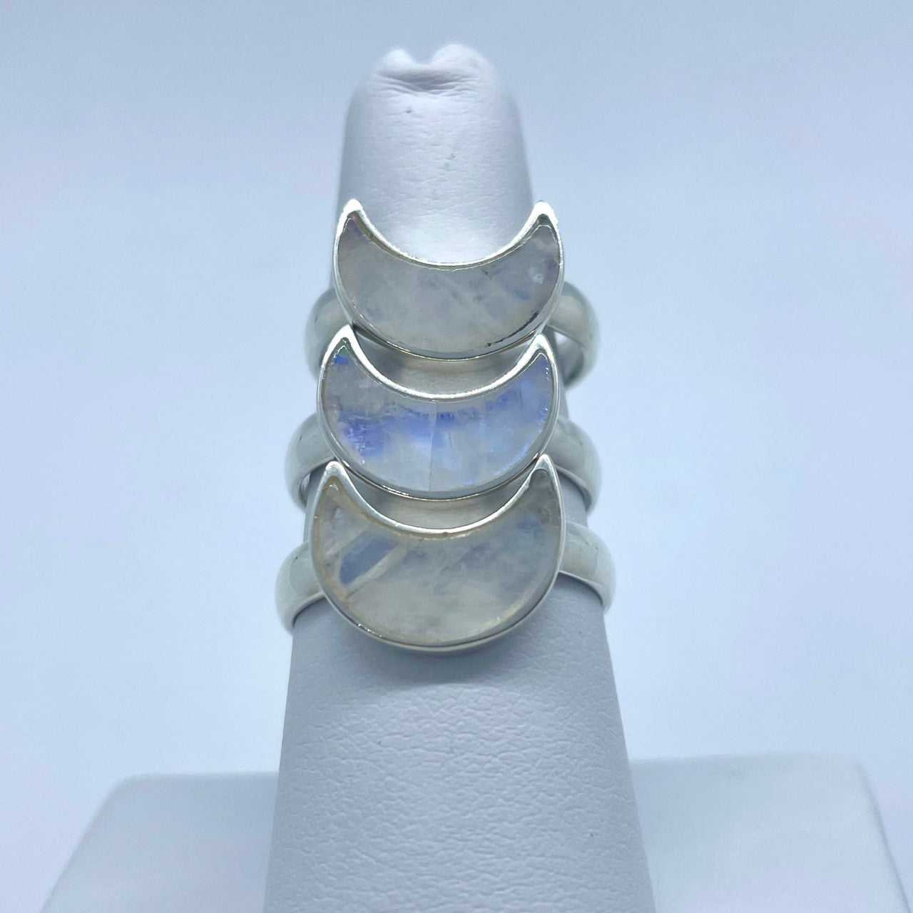 Rainbow Moonstone Crescent Moon Sterling Silver Ring #J678D with close-up stone detail