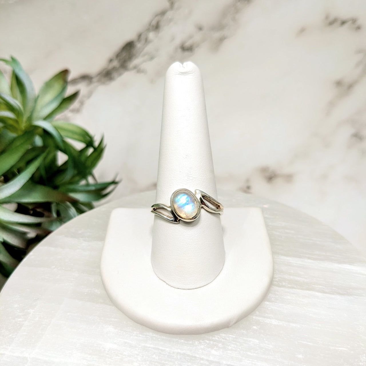 Rainbow Moonstone Open Swoop Ring #LV4473 showcasing vibrant moon-like gem