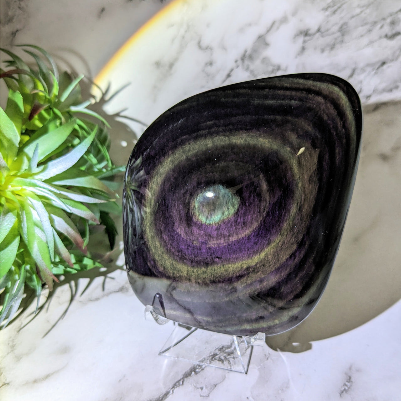 Rainbow Obsidian 4.1’ Polished Piece #LV5138 - Glass Vase with Purple and Green Swirl Design