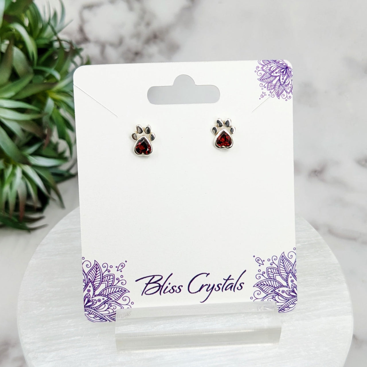 Red Garnet Faceted Heart Paw Stud Sterling Silver Earrings #LV3239