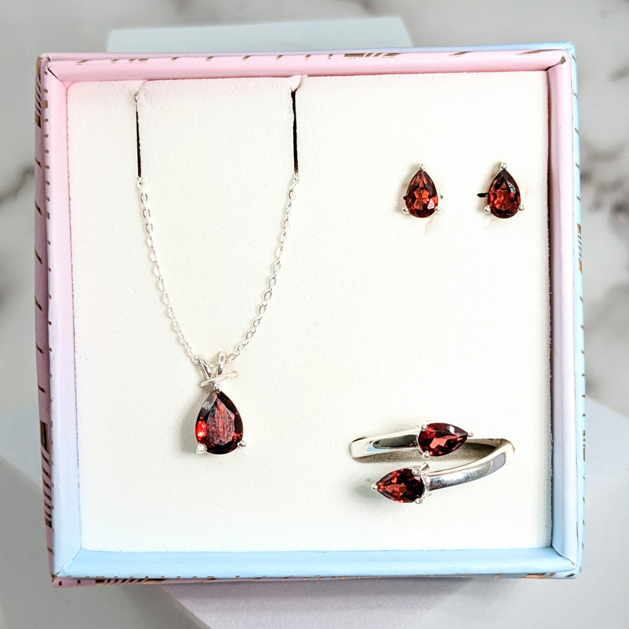 Red Garnet Faceted Jewelry Set: Necklace, Earrings, and Adjustable Ring in Sterling Silver