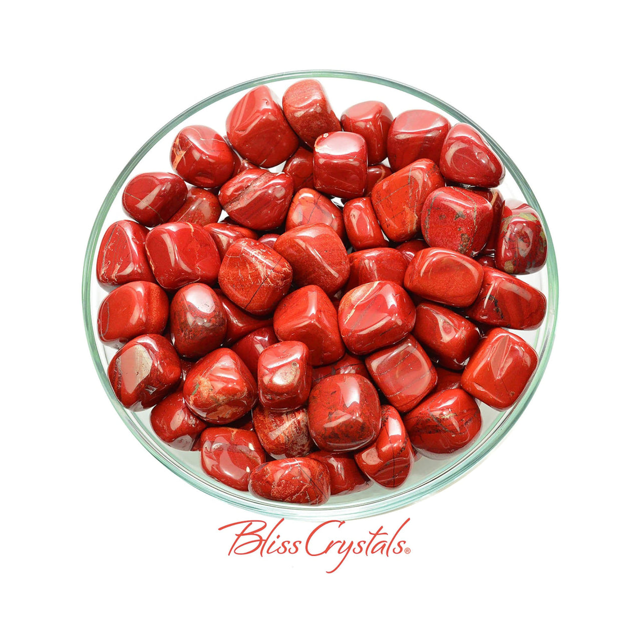 Red heart-shaped candies in a bowl with large red jasper stones, item #RJ25