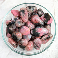 Thumbnail for A bowl of Rhodonite in Quartz tumbled stones (1-1.5’) #LV2250, pink and black rocks