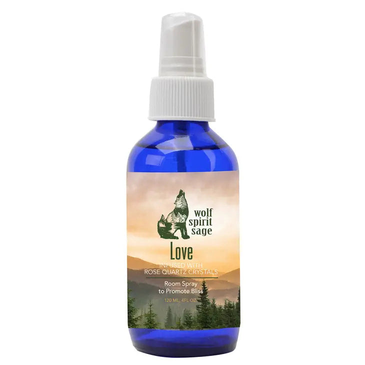 Bottle of Wolf Spirit Love Spray Room Spray with essential oil ingredients