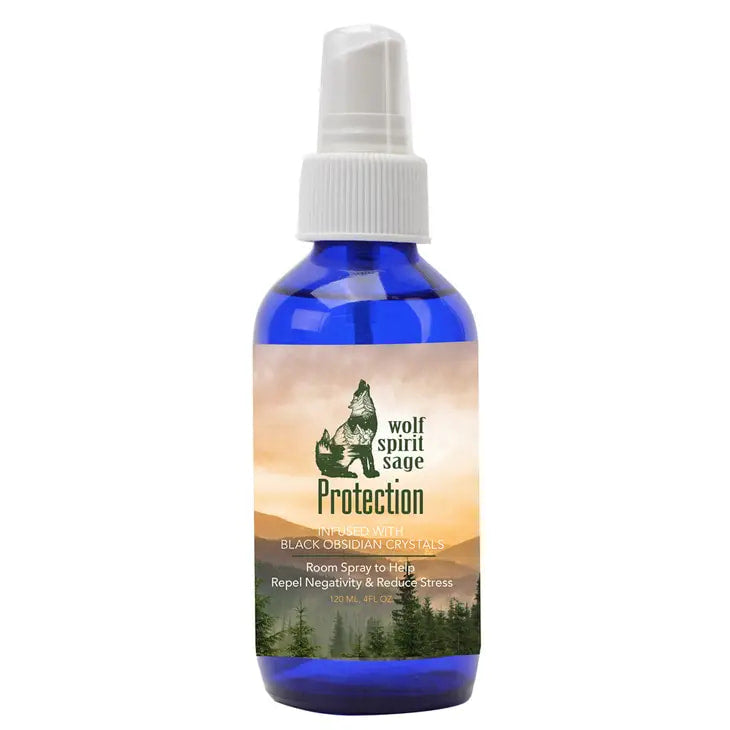 Room Spray Bottle by Wolf Spirit w/ Essential Oils against a serene mountain backdrop