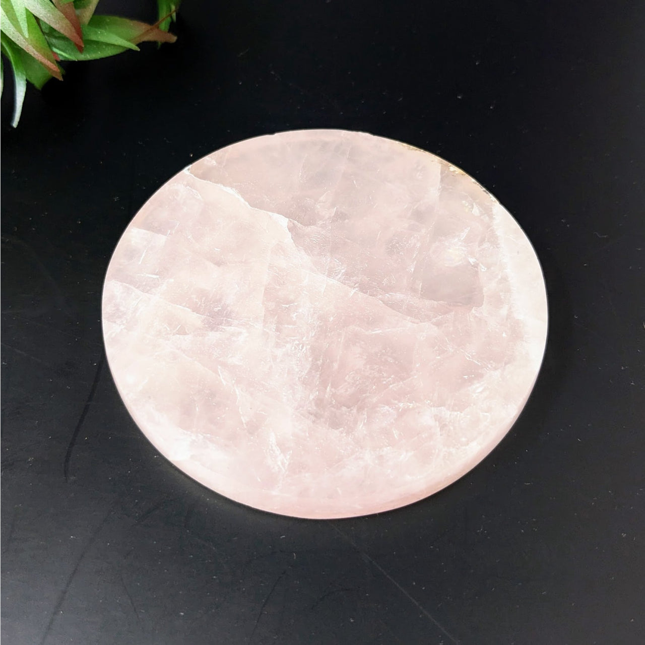 Rose Quartz Coaster Plate #LV4432 on Black Table