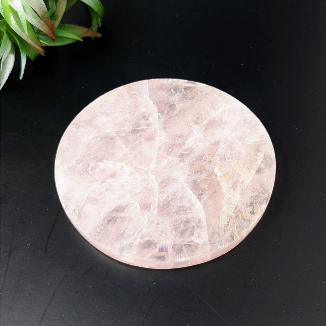 Rose Quartz 3.4’ Coaster Plate #LV4434 on black surface