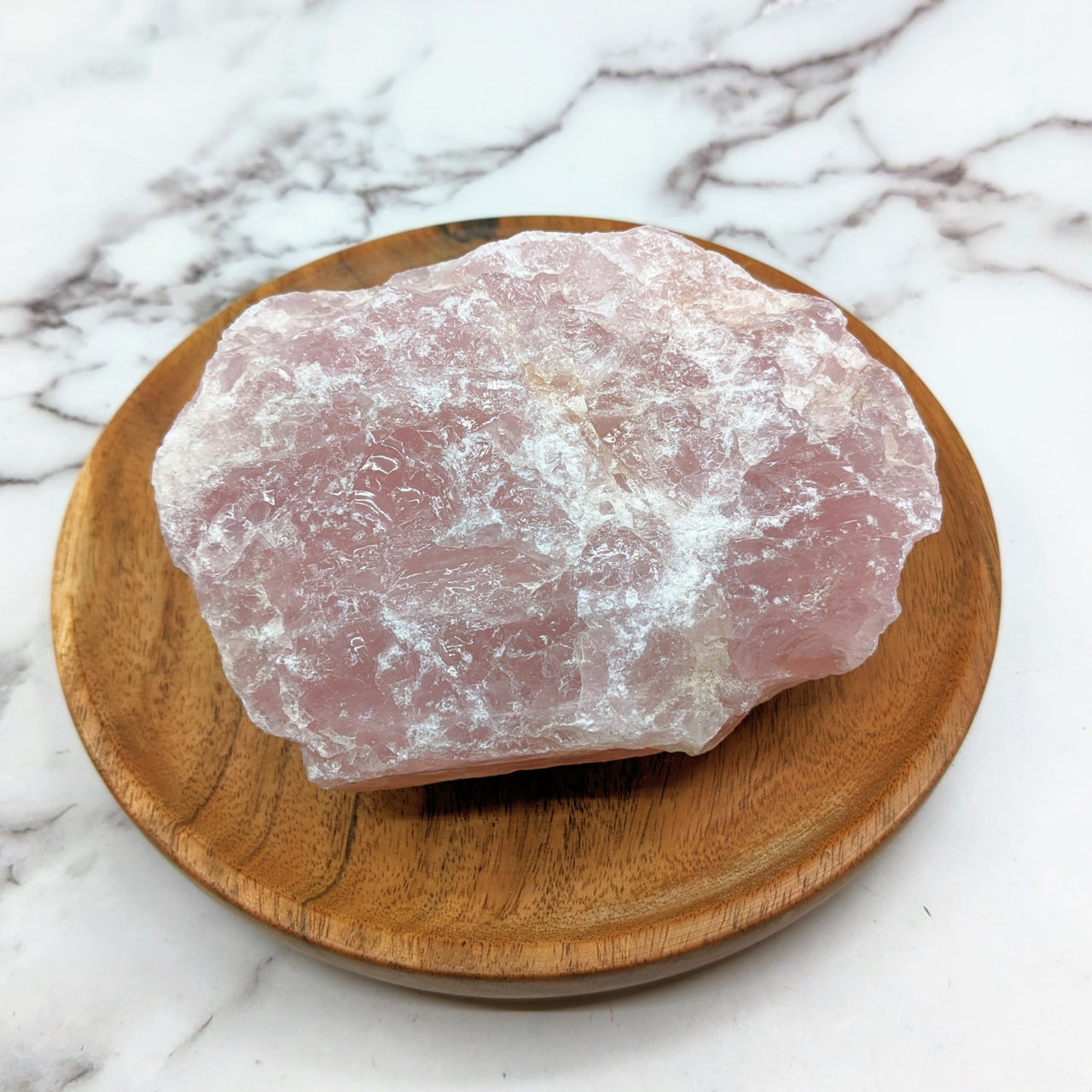 Rose Quartz ’A’ 5.5’ Rough Stone #LV1479 on wooden plate