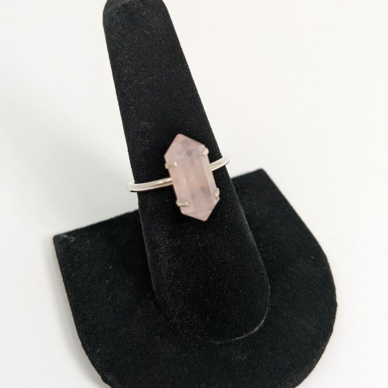 Rose Quartz Sterling Silver Ring #SKU6904 on Black Velvet Stand for Elegant Jewelry Display