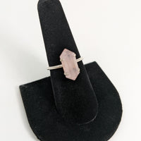 Thumbnail for Rose Quartz Sterling Silver Ring #SKU6904 on Black Velvet Stand for Elegant Jewelry Display