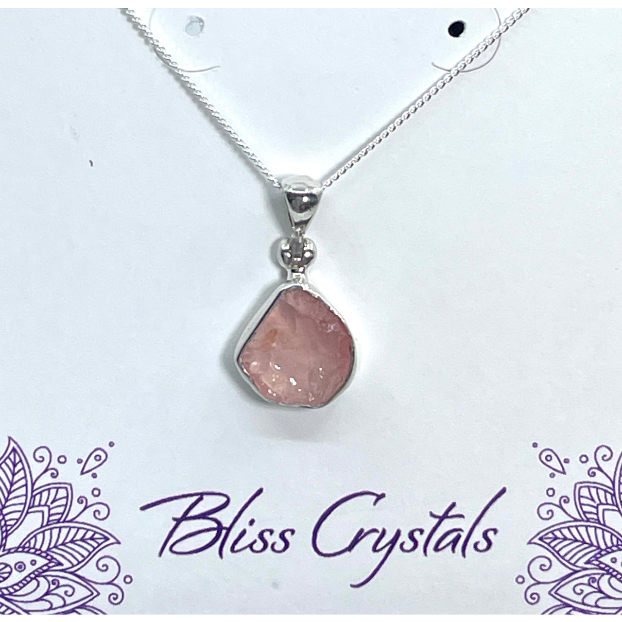 Close-up of Rose Quartz Raw Natural Pendant on Sterling Silver Chain #SK7305