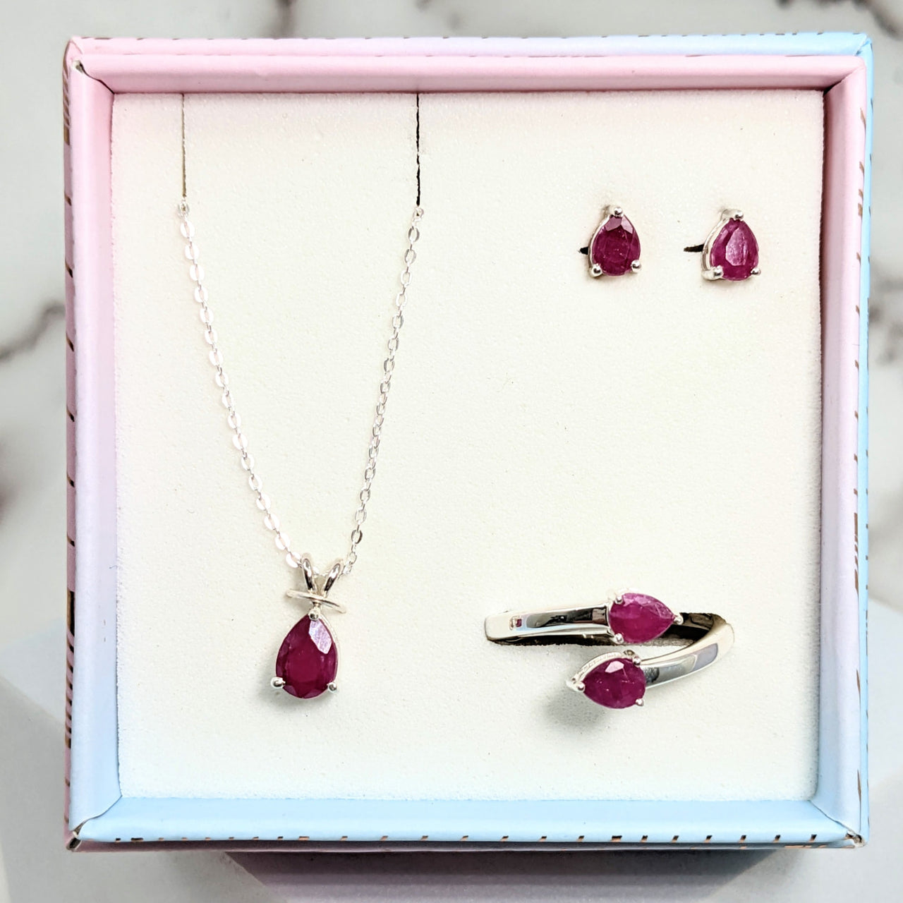 Ruby 3pc Jewelry Gift Set #SK9561: a pink box with necklace and earrings ensemble