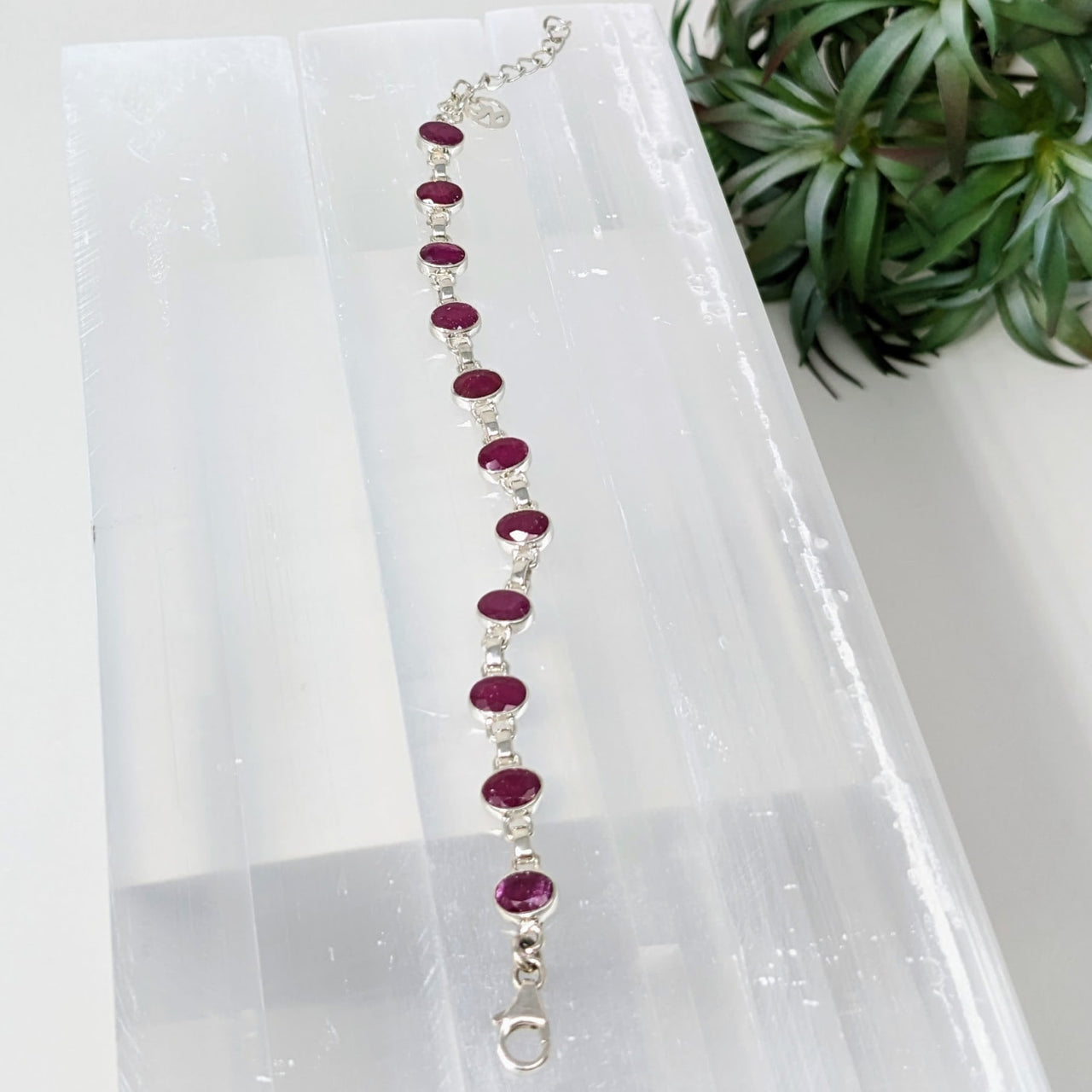 Ruby Faceted Gem Sterling Silver Designer Bracelet #LV3266 with Red Stone and Silver Beads