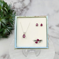 Thumbnail for Ruby Faceted Jewelry Set: Sterling Silver Earrings, Pendant, Adjustable Ring in Box #LV3233