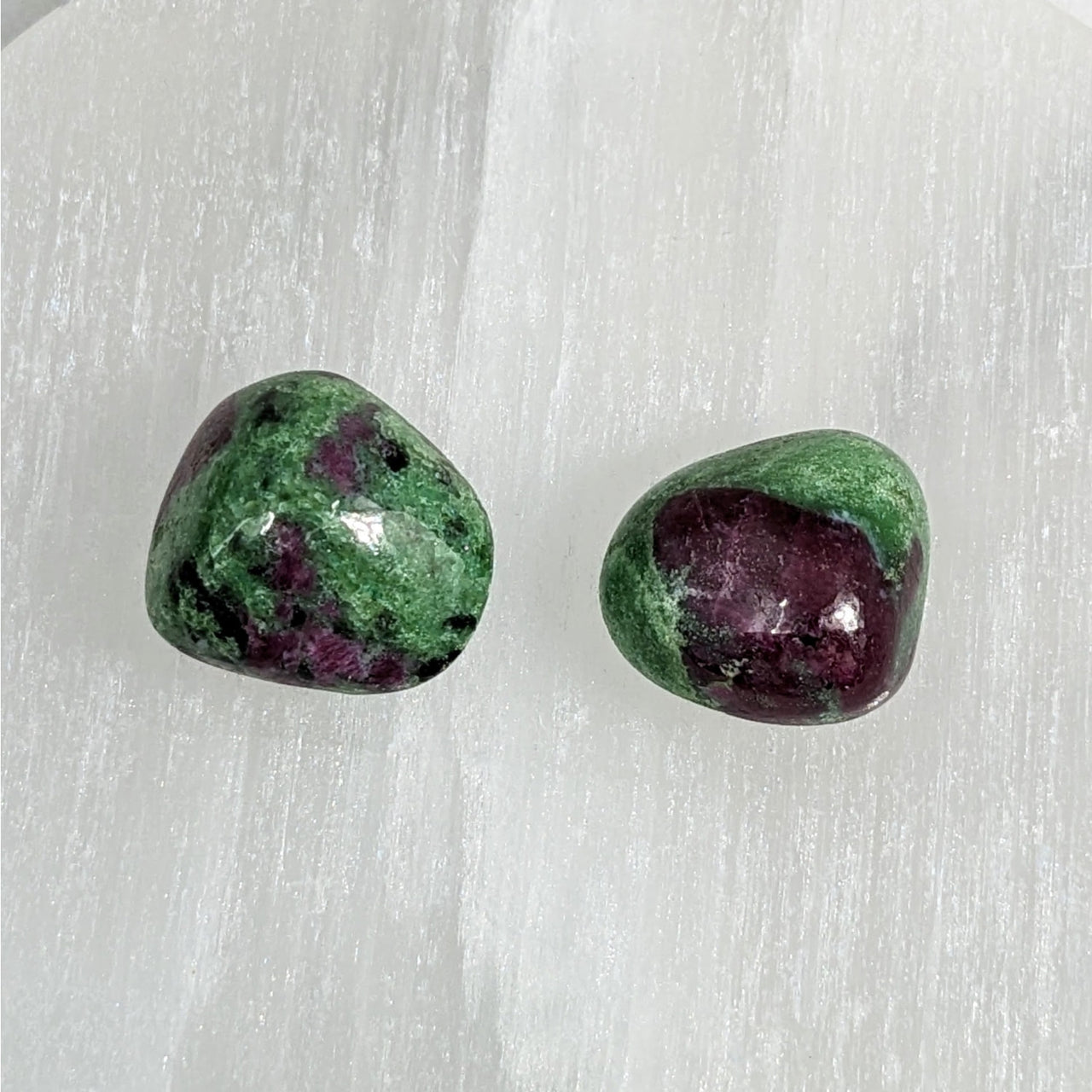 Tumbled stones earrings: Green and purple Ruby Zoisite on white background