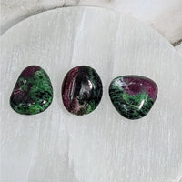 Thumbnail for Three green and purple tumbled stone earrings on white marble plate, Ruby Zoisite LV4056