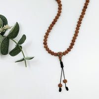 Thumbnail for Rudraksha Beaded 19’ Mala Necklace #LV2470 featuring a rosary with a cross and flower