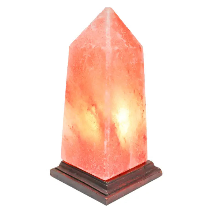 Close-up of a Himalayan salt lamp on a wooden base, 10’ Obelisk Tower Shape #LV3573