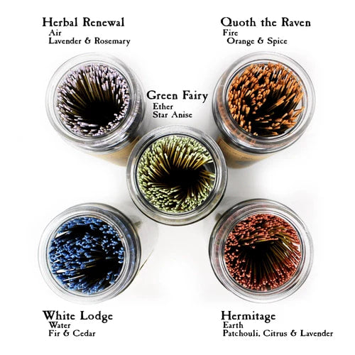 Four jars of vibrant pigments from Sea Witch Botanicals Bulk Incense Sticks #Q229