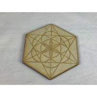 Thumbnail for Seed of Life Etched Alder Wood Grid #K148: Intricate geometric design on a wooden badge