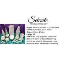 Thumbnail for White cake with purple-green theme next to a Selenite Crystal Information Card, #HC33