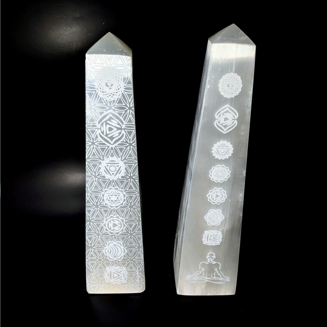 Selenite Etched 12’ Obelisk Tower Lamp #LV4124 with intricate crystal designs