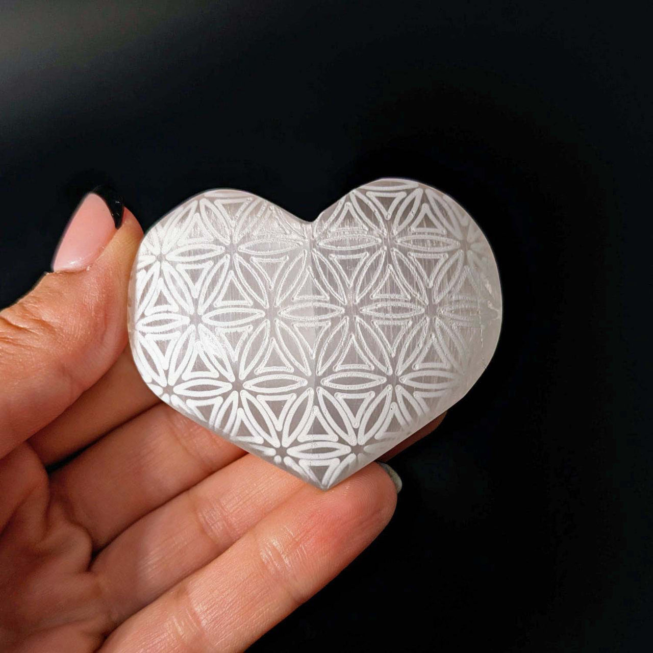 Selenite Etched 2.2" Flower of Life Heart #LV4131