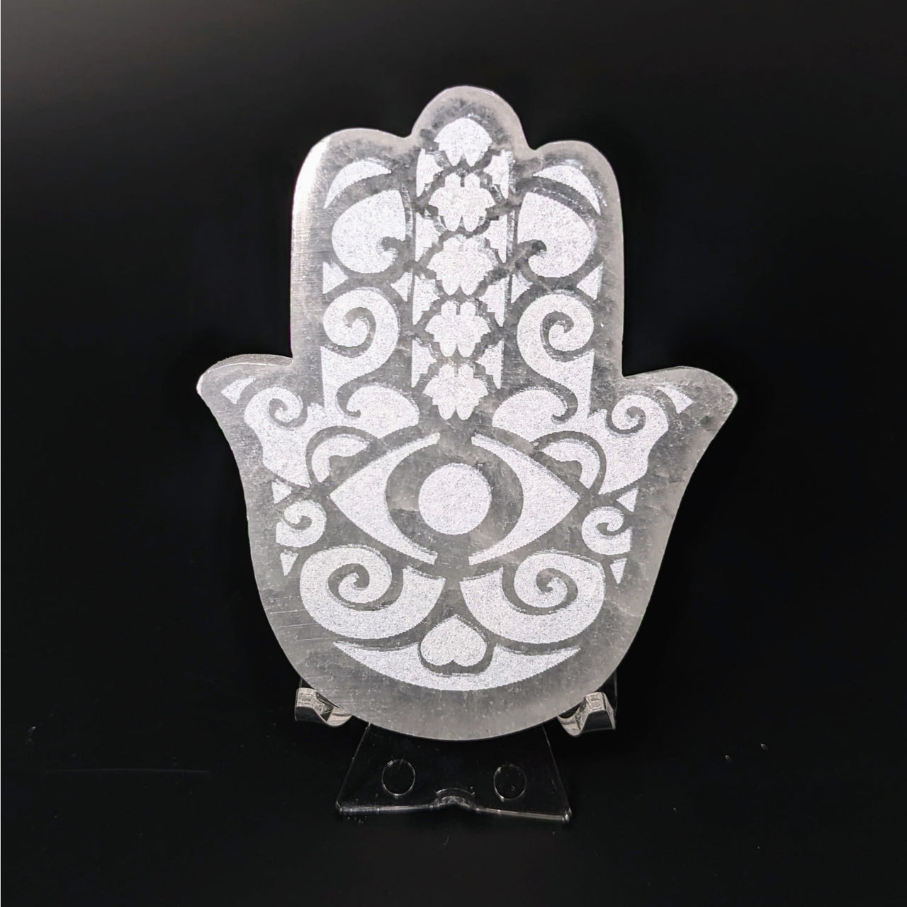 Selenite Etched Hamsa Plate with Patterned Metal Hammer - Selenite Etched Hamsa Plate #LV4129