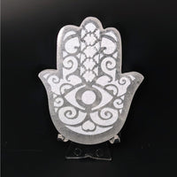 Thumbnail for Selenite Etched Hamsa Plate with Patterned Metal Hammer - Selenite Etched Hamsa Plate #LV4129