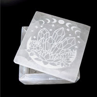 Thumbnail for Selenite Etched 3.6’ Crystal Design Box #LV4125 - Clear Crystal with White Design