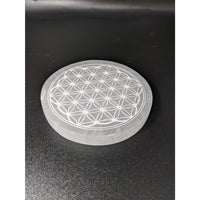 Thumbnail for Selenite etched Flower of Life symbol on car dashboard, charging plate SKU #SK7585