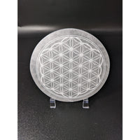 Thumbnail for Selenite Etched Flower of Life Round Charging Plate #SK7585 on black surface