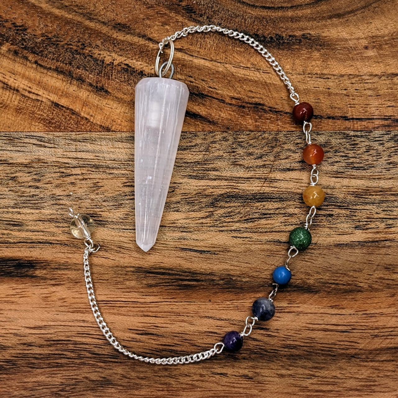 Selenite Pendulum Bracelet with White Quartz Stone and Silver Chain - Product #J382