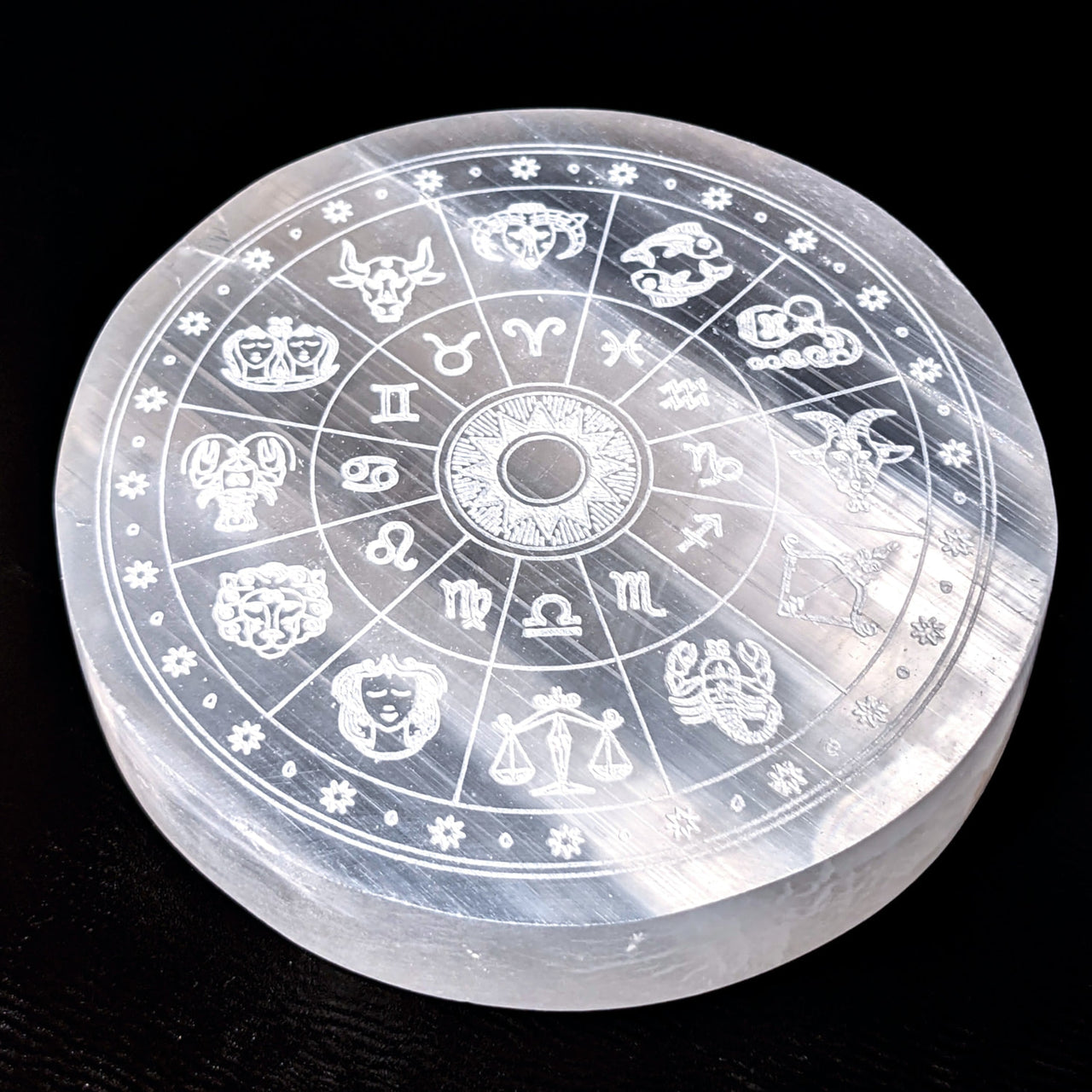 Selenite Plate 3.2’ etched with zodiac symbols for astrology, crystal plate #SK9375