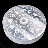 Thumbnail for Selenite Plate 3.2’ etched with zodiac symbols for astrology, crystal plate #SK9375