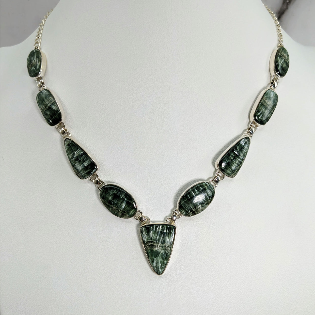 Seraphinite 18’ S.S. 9 Stone Necklace #LV3908 with green and white stones for elegant fashion