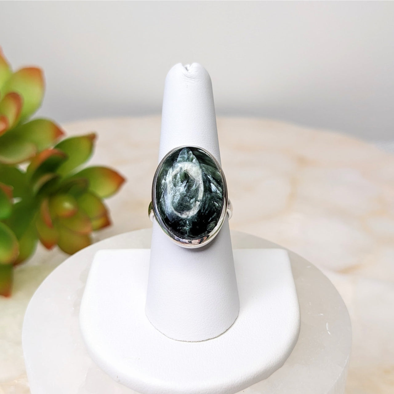 Seraphinite Oval Ring Sz 8 #LV4843 featuring an elegant ring with a green marble stone