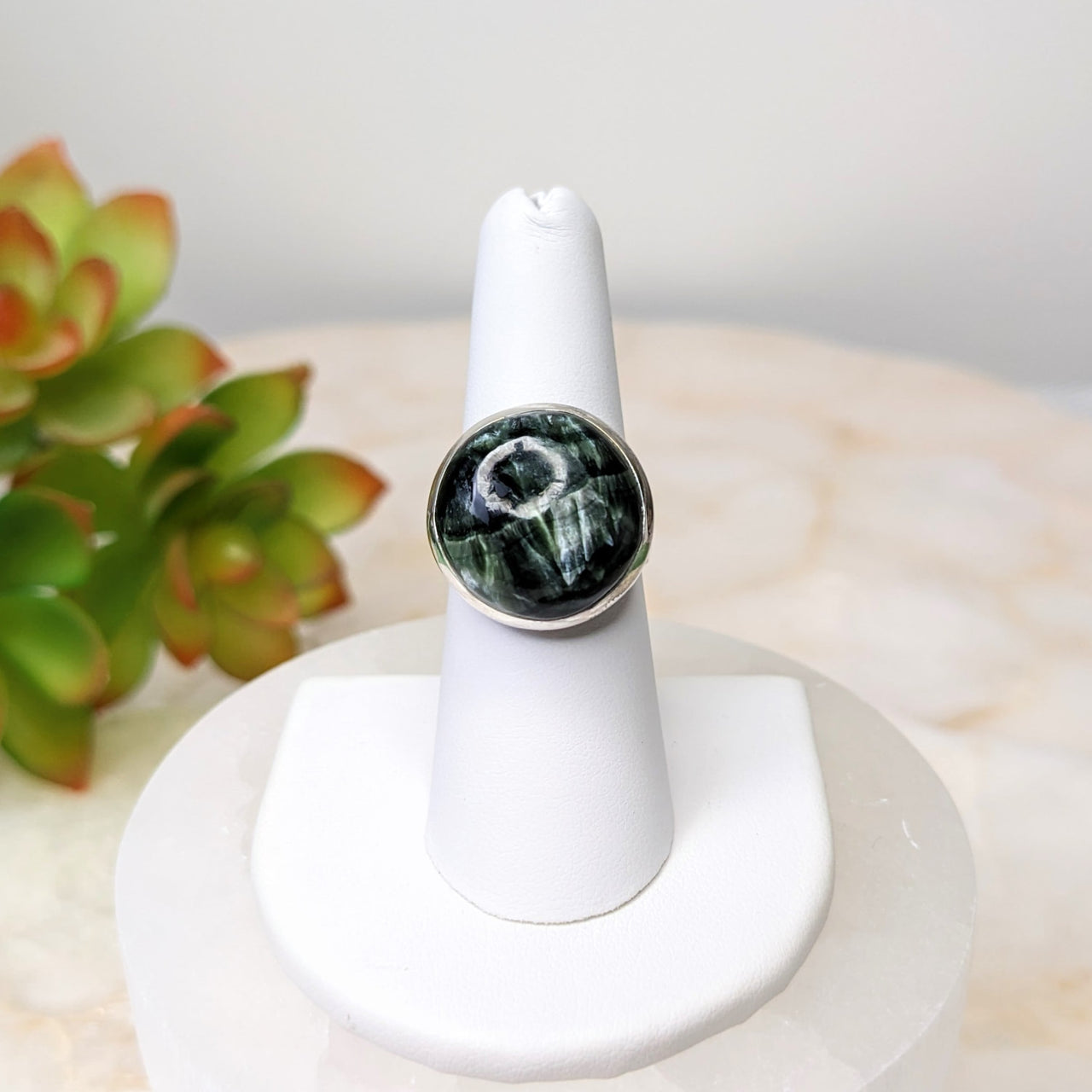 Seraphinite Round Ring Sz 7 #LV4841 featuring a striking green marble centerpiece