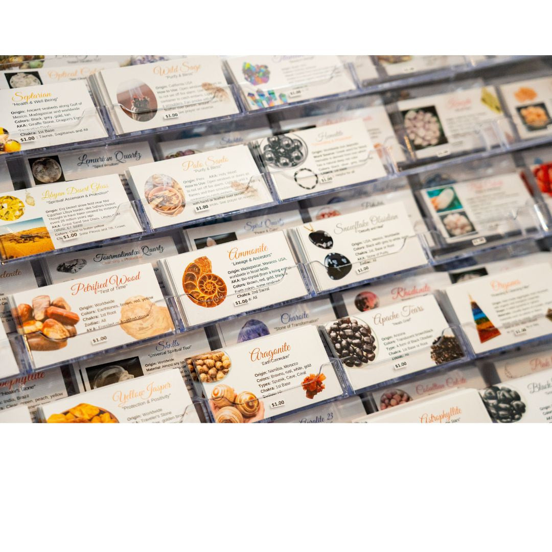 A wall of crystal information cards displaying various types of food in a bulk set