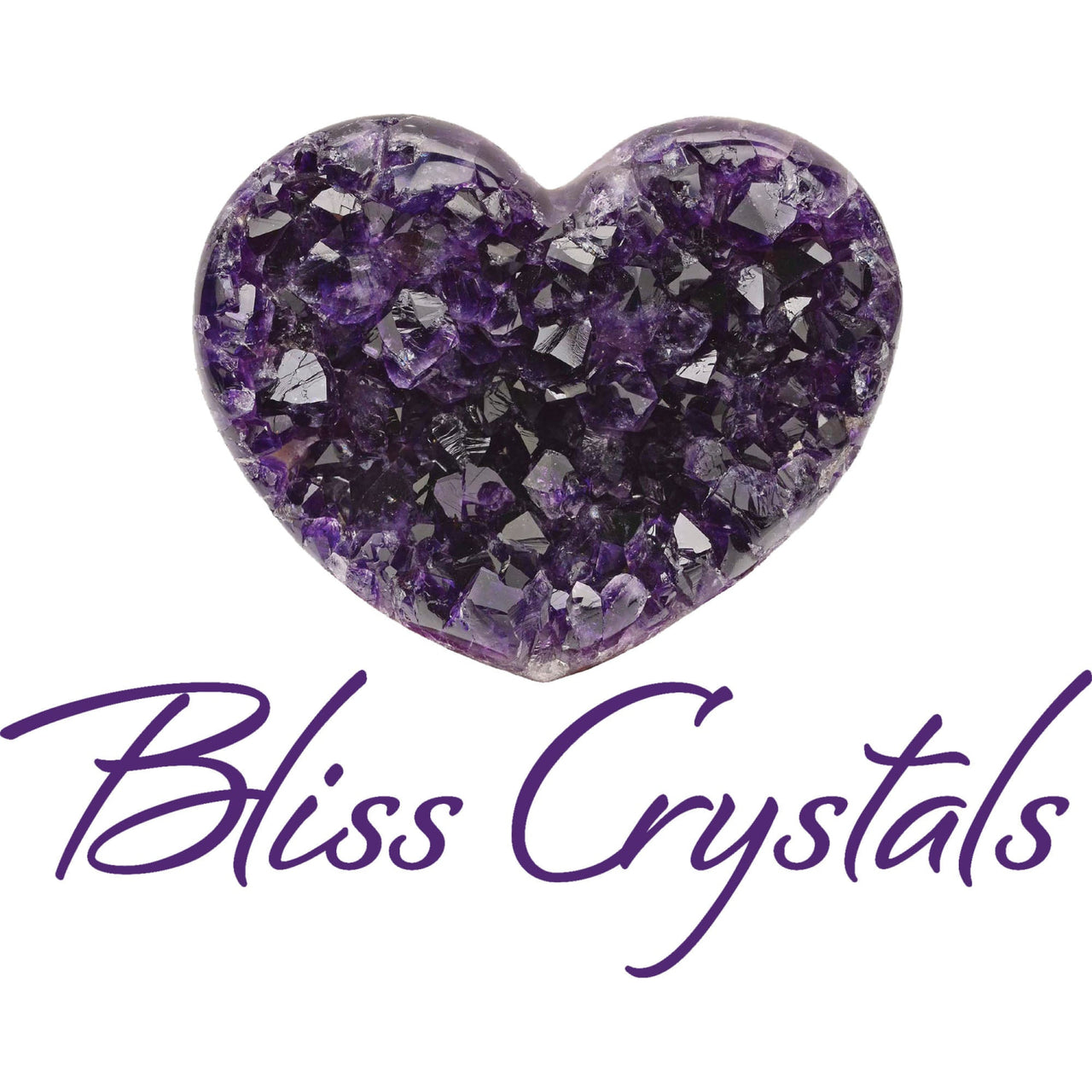 Heart-shaped amethyst with ’Bliss Crystals’ in Set of 144 Crystal Information Cards Bulk Set