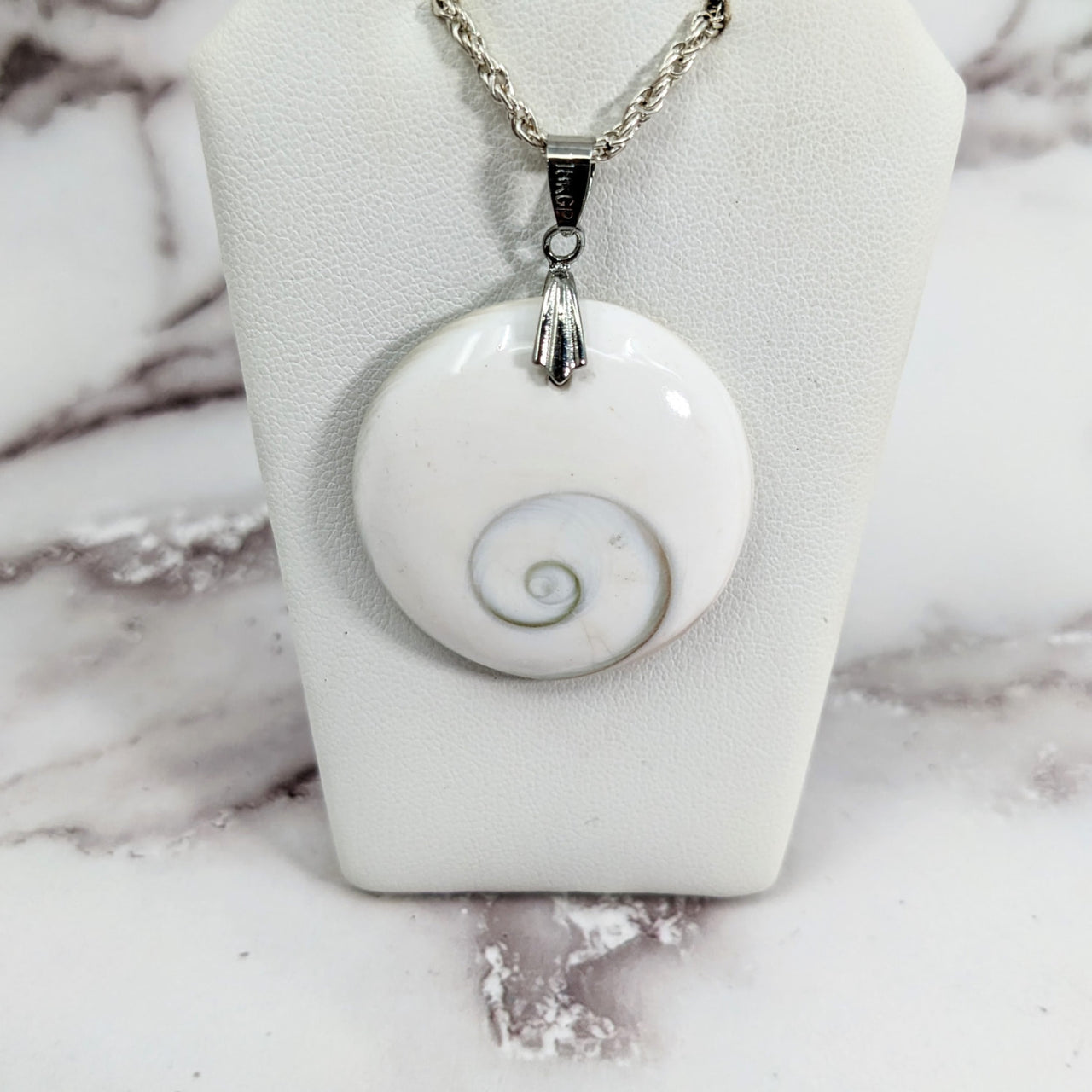 Shiva Eye Swirl 1.4’ Fossil Pendant #LV3163 - White Shell Pendant on White Necklace